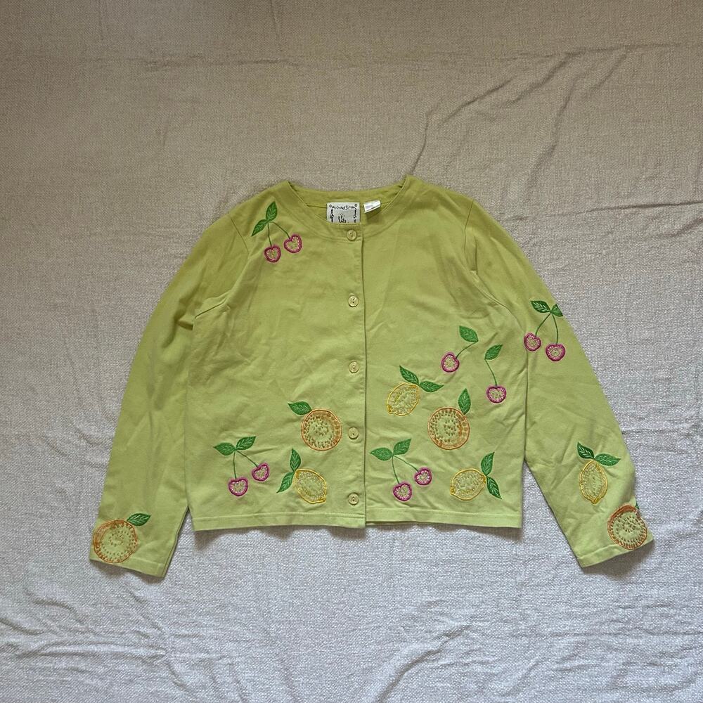 lime green michael simon long sleeve cotton colorful beaded fruit cardigan